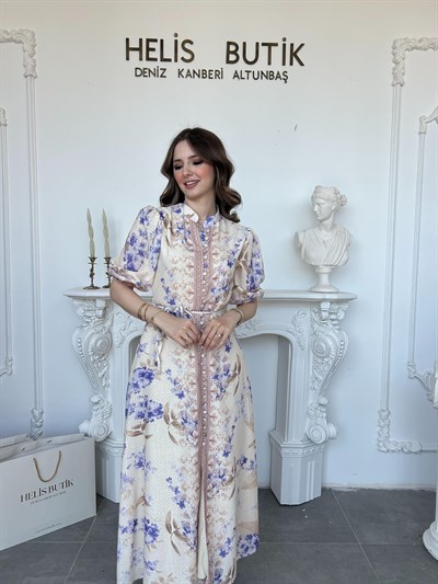 Kısa Kol Çiçek Desenli Kuşak ve Düğme Detaylı Vintage Stil Keten Elbise