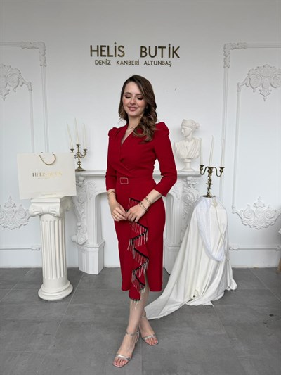 Kruvaze Yaka Taş Püskül Detaylı Midi Kırmızı Elbise