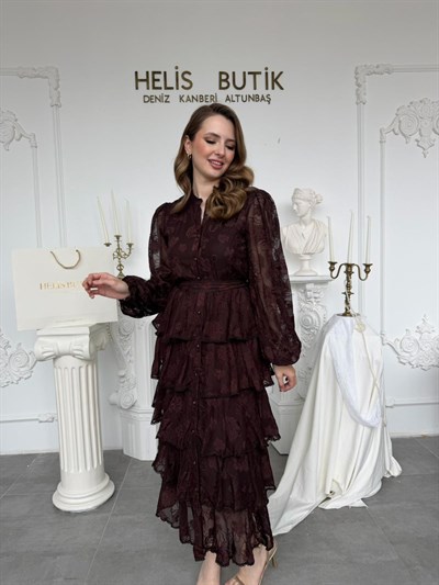 Nakış İşlemeli Kat Kat Volanlı Acı Kahve Elbise