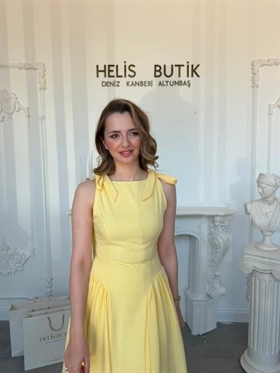 Helis Özel Tasarım Omuzdan Bağlamalı Prenses Büzgülü Keten Elbise - Sarı