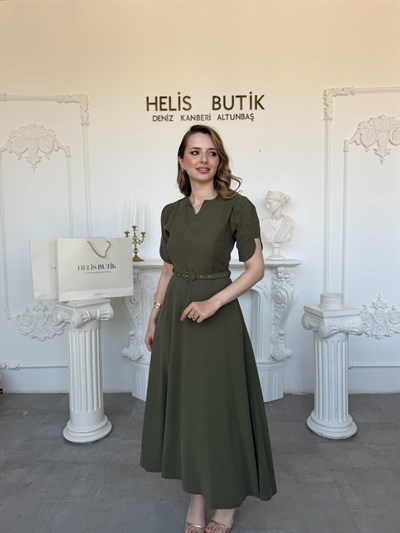 Özel Kol Detaylı Modal Kumaş Kemerli Elbise - Haki