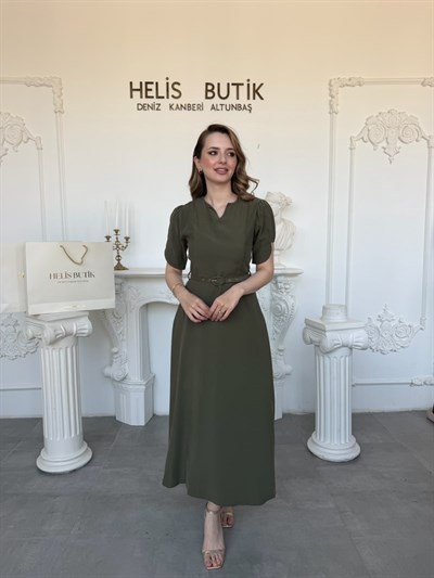 Özel Kol Detaylı Modal Kumaş Kemerli Elbise - Haki