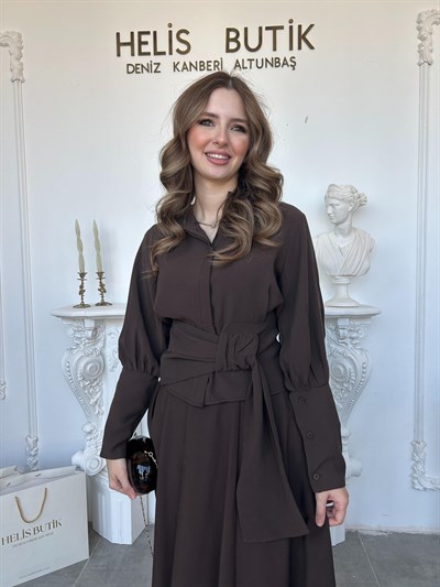 Papyon Beli Kuşaklı Kruvaze Yaka Etek Bluz Takım - Kahve