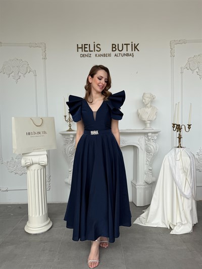 Parlak Mikrosaten Omuz Volanlı Abiye Elbise - Lacivert