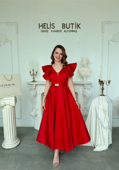 Parlak Mikrosaten Omuz Volanlı Abiye Elbise - Kırmızı