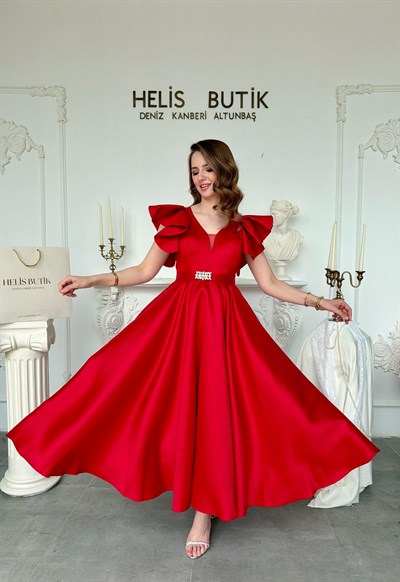 Parlak Mikrosaten Omuz Volanlı Abiye Elbise - Kırmızı