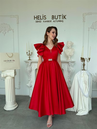 Parlak Mikrosaten Omuz Volanlı Abiye Elbise - Kırmızı