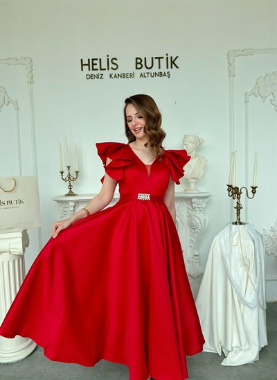 Parlak Mikrosaten Omuz Volanlı Abiye Elbise - Kırmızı