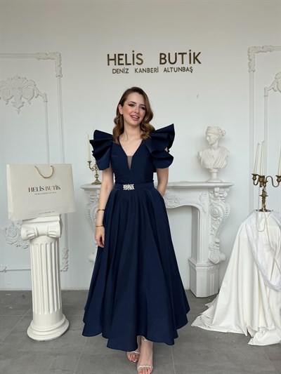 Parlak Mikrosaten Omuz Volanlı Abiye Elbise - Lacivert