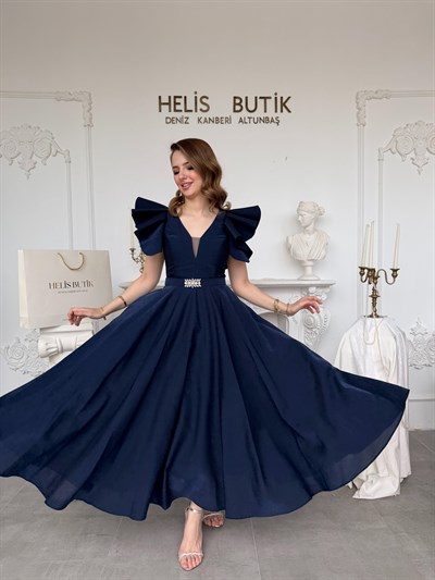 Parlak Mikrosaten Omuz Volanlı Abiye Elbise - Lacivert