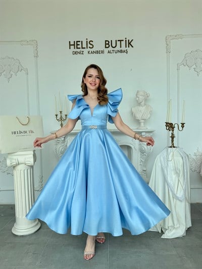 Parlak Mikrosaten Omuz Volanlı Abiye Elbise - Bebe Mavi