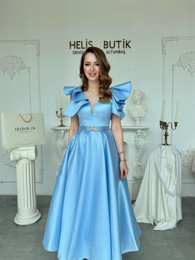 Parlak Mikrosaten Omuz Volanlı Abiye Elbise - Bebe Mavi