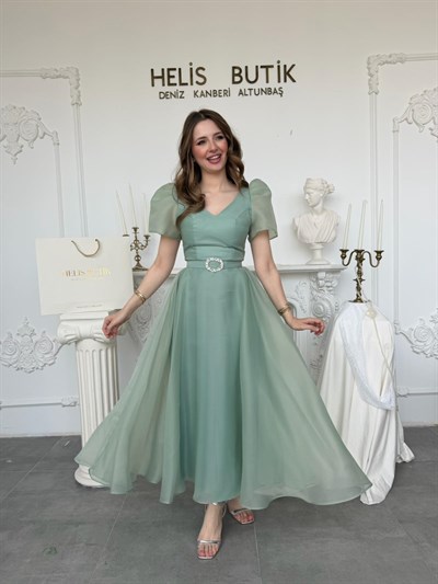 Parlak Tül Kumaş Kemerli Balon Kol Midi Boy Abiye Elbise - Yeşil