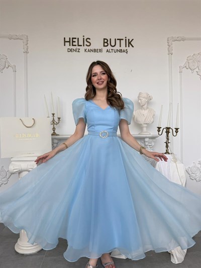 Parlak Tül Kumaş Kemerli Balon Kol Midi Boy Abiye Elbise - Mavi