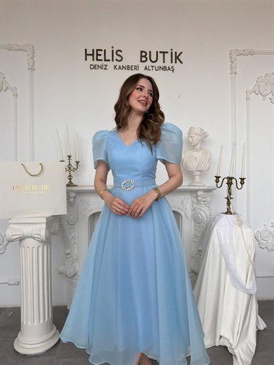 Parlak Tül Kumaş Kemerli Balon Kol Midi Boy Abiye Elbise - Mavi