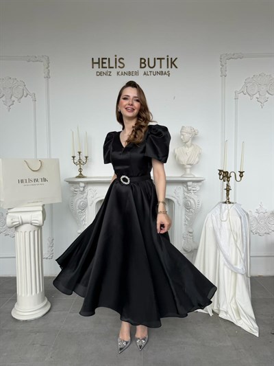 Parlak Tül Kumaş Kemerli Balon Kol Midi Boy Abiye Elbise - Siyah