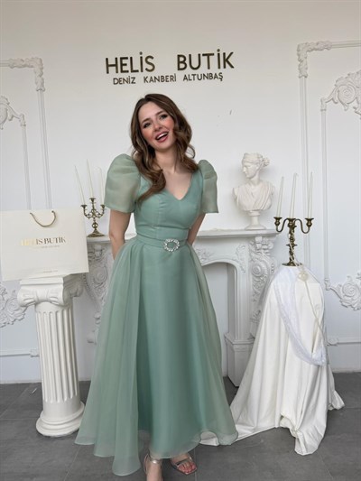 Parlak Tül Kumaş Kemerli Balon Kol Midi Boy Abiye Elbise - Yeşil