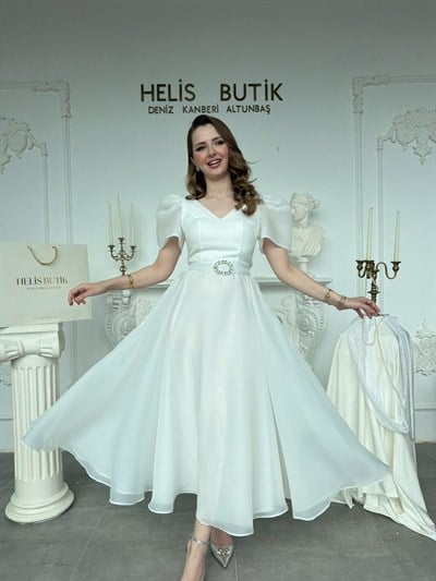 Parlak Tül Kumaş Kemerli Balon Kol Midi Boy Abiye Elbise - Beyaz