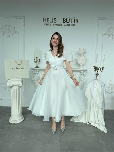 Parlak Tül Kumaş Kemerli Balon Kol Midi Boy Abiye Elbise - Beyaz