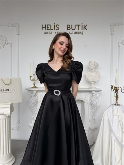 Parlak Tül Kumaş Kemerli Balon Kol Midi Boy Abiye Elbise - Siyah