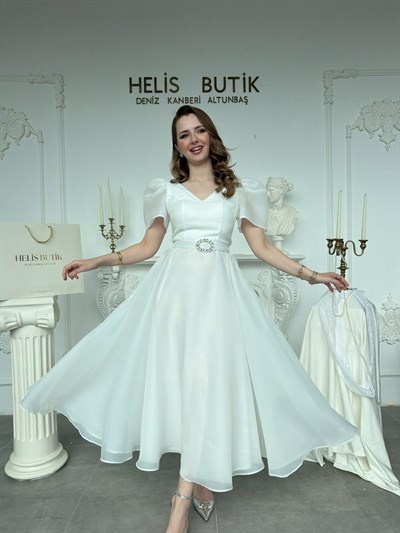 Parlak Tül Kumaş Kemerli Balon Kol Midi Boy Abiye Elbise - Beyaz