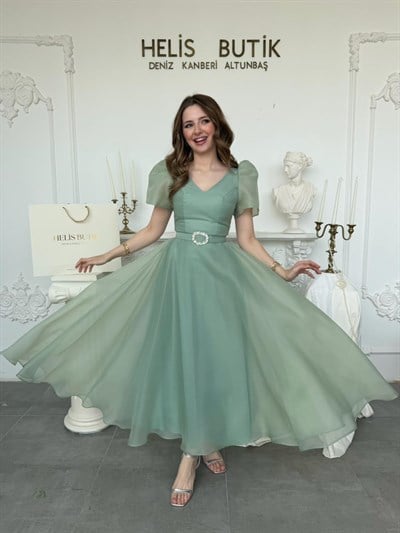 Parlak Tül Kumaş Kemerli Balon Kol Midi Boy Abiye Elbise - Yeşil