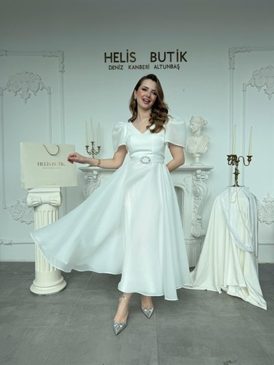 Parlak Tül Kumaş Kemerli Balon Kol Midi Boy Abiye Elbise - Beyaz