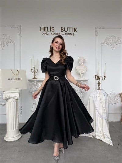 Parlak Tül Kumaş Kemerli Balon Kol Midi Boy Abiye Elbise - Siyah