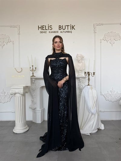 Payetli Pelerinli Balık Model Premium Abiye Elbise - Lacivert