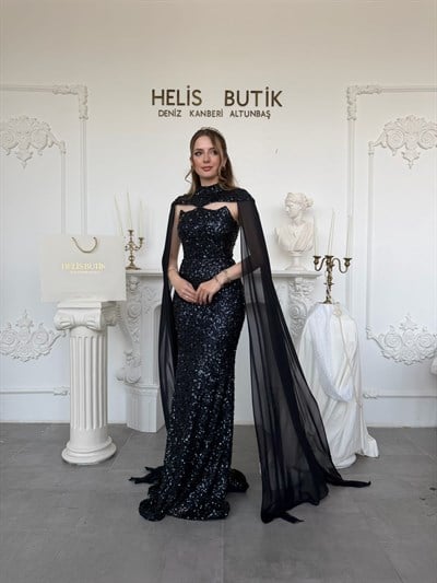 Payetli Pelerinli Balık Model Premium Abiye Elbise - Lacivert