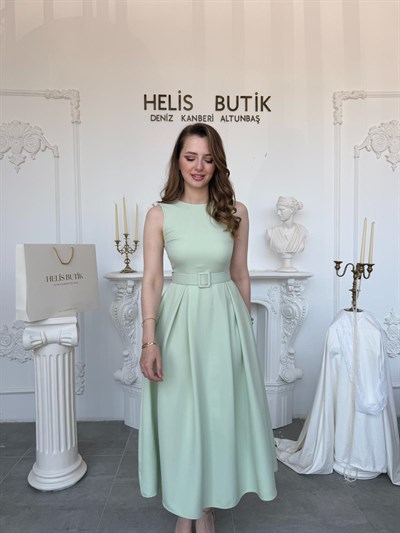Pileli Bisiklet Yaka  Elbise - Mint