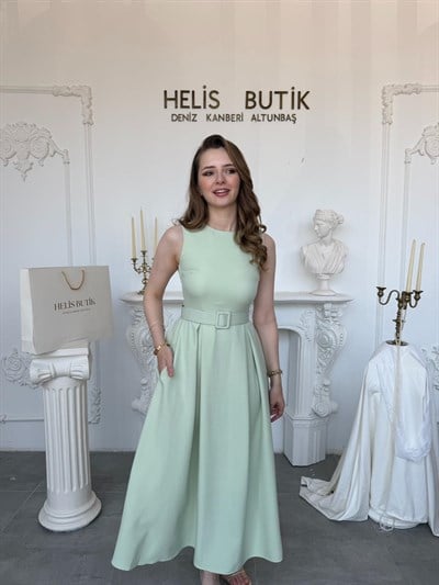 Pileli Bisiklet Yaka  Elbise - Mint