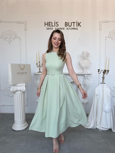 Pileli Bisiklet Yaka  Elbise - Mint