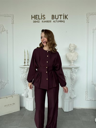 Piliseli Bel Detaylı Gömlek & Pantolon Takımı - Mürdüm