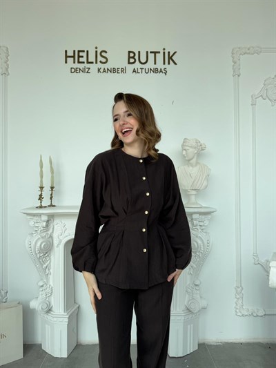 Piliseli Bel Detaylı Gömlek & Pantolon Takımı - Kahve