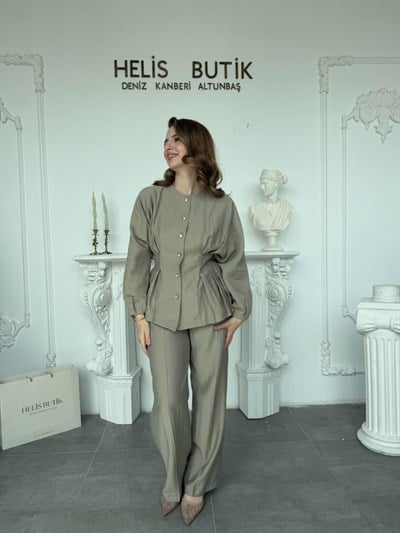 Piliseli Bel Detaylı Gömlek & Pantolon Takımı - Taş