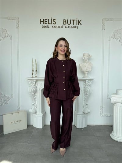 Piliseli Bel Detaylı Gömlek & Pantolon Takımı - Mürdüm