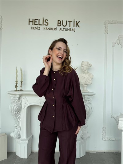 Piliseli Bel Detaylı Gömlek & Pantolon Takımı - Mürdüm