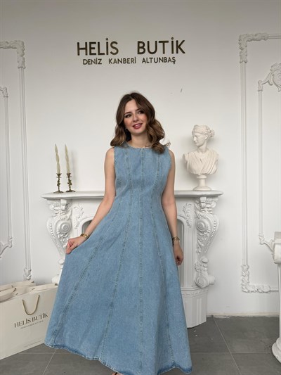 Prenses Kesim Kloş Denim Elbise - Açık Mavi