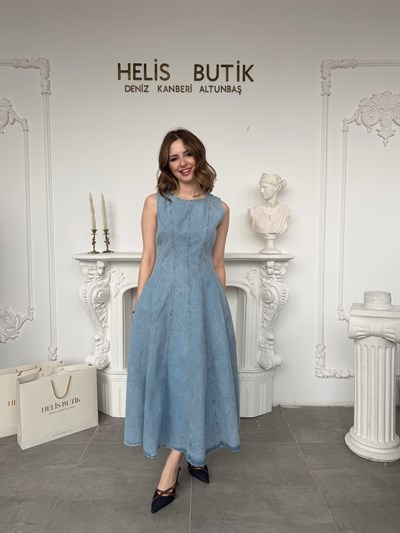 Prenses Kesim Kloş Denim Elbise - Açık Mavi