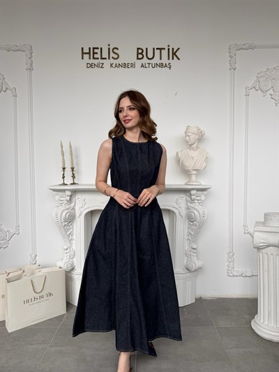 Prenses Kesim Kloş Denim Elbise - Koyu Mavi
