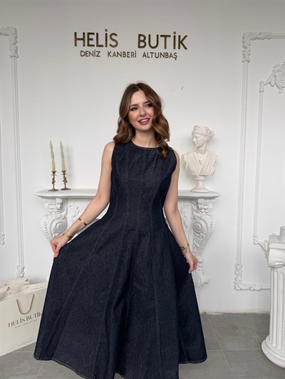 Prenses Kesim Kloş Denim Elbise - Koyu Mavi