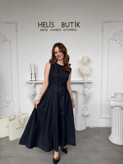 Prenses Kesim Kloş Denim Elbise - Koyu Mavi