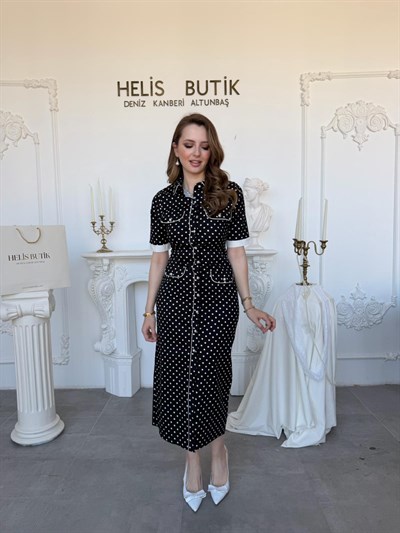 Puantiyeli İnci Düğmeli Retro Stil Kruvaze Yaka Elbise - Siyah