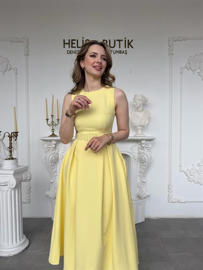 Sıfır Yaka Kolsuz Kloş Etek Elbise - Sarı