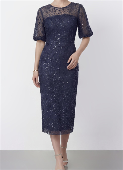 Tamamı İşlemeli Işıltılı Yarım Kol Midi Abiye Elbise - Lacivert