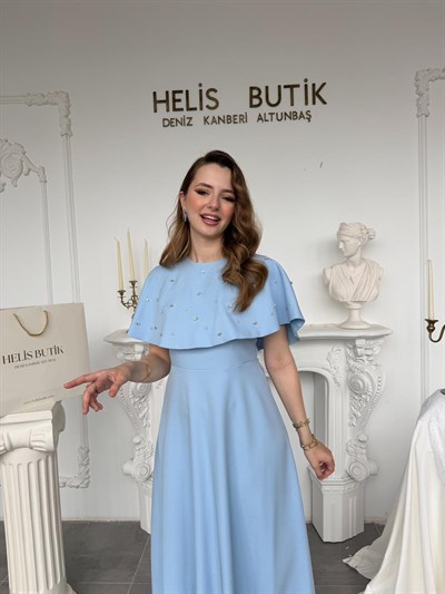 Taş İşlemeli Bolerolu İki Parçalı Elbise Seti - Mavi