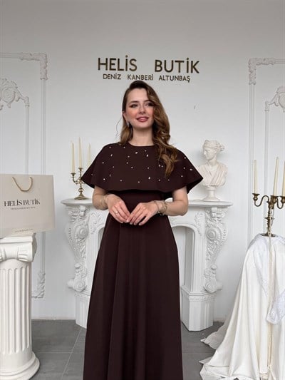 Taş İşlemeli Bolerolu İki Parçalı Elbise Seti - Kahve