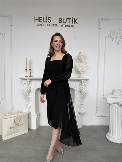 Taş İşlemeli Kare Yaka Şifon Detaylı Midi Abiye Elbise - Siyah