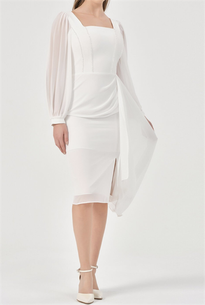 Taş İşlemeli Kare Yaka Şifon Detaylı Midi Abiye Elbise - Ekru